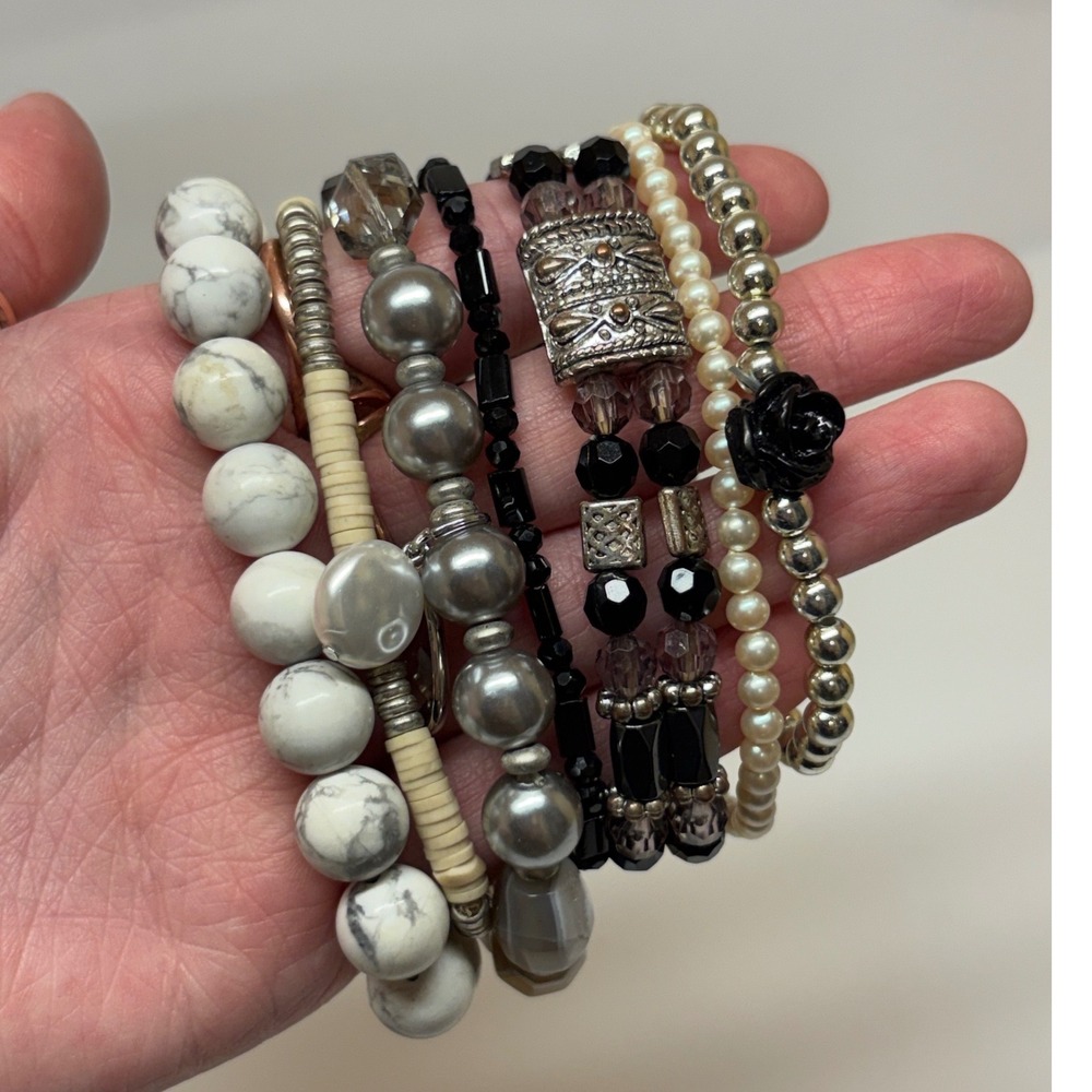 7pc Bracelet Lot White Howlite Style Faux Pearl Silver Tone Black Rose